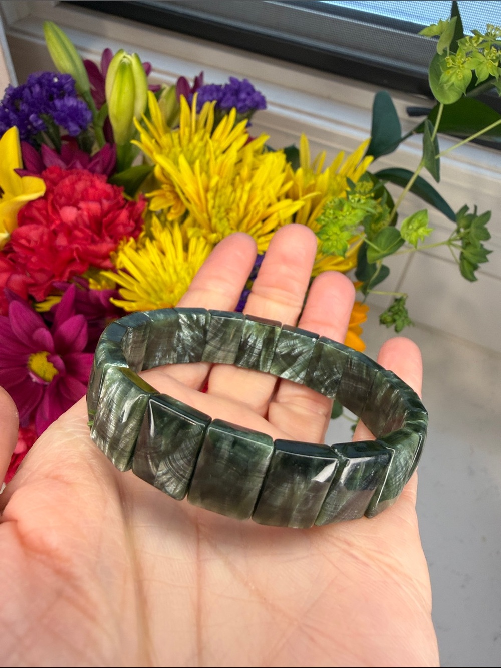 SERAPHINITE • Silver Feather Flash Statement Bracelet • 14mm • 6.75" • B1369